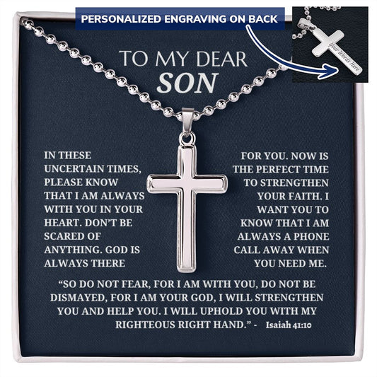To My Dear Son - Personalized Cross Necklace with Military Style Ball Chain - Bible Verse Isaiah 41:10 – Blue
