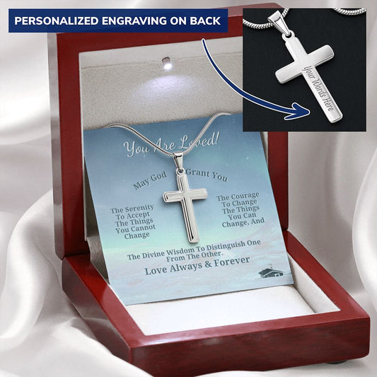 illuminated wood gift box with Cross necklace