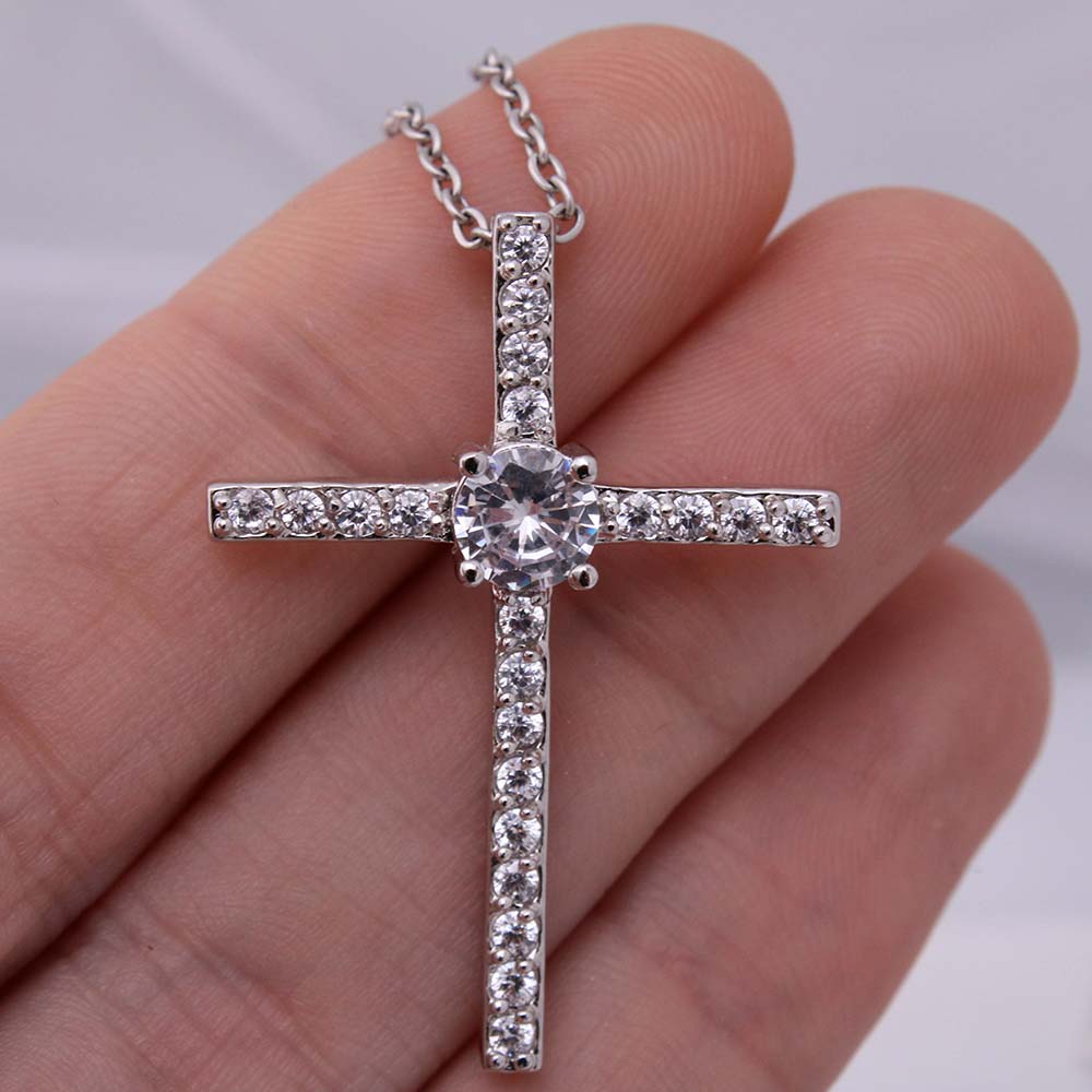 To My Beautiful Mom - Cubic Zirconia Cross Pendant Necklace - Bible Verse Isaiah 41:10 - Blue