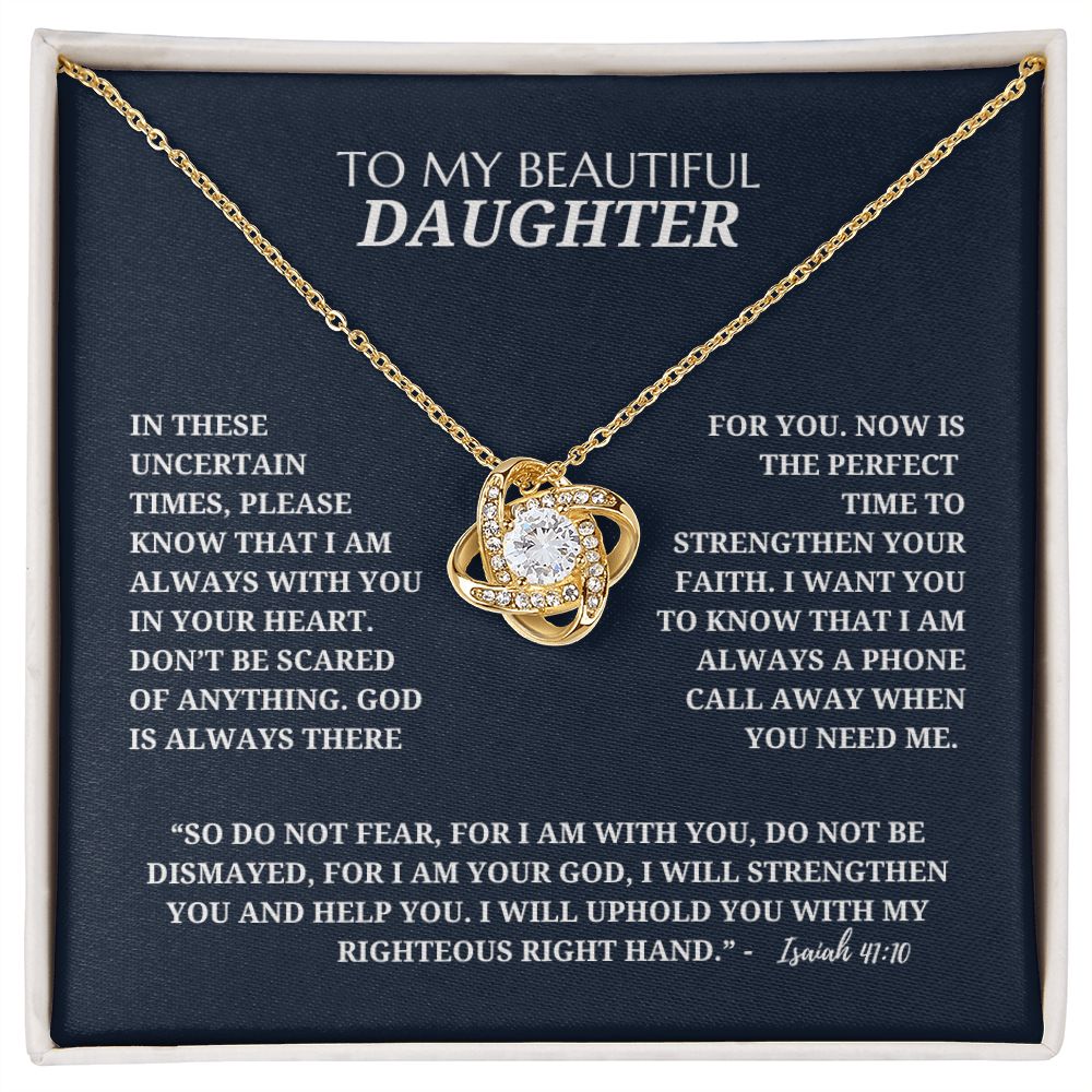 To My Beautiful Daughter - Love Knot Pendant Necklace - Bible Verse Isaiah 41:10 - Blue