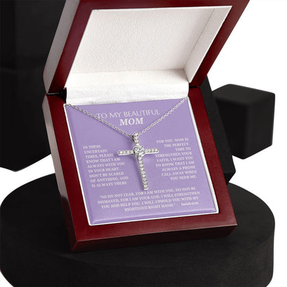 To My Beautiful Mom - Cubic Zirconia Cross Pendant Necklace - Bible Verse Isaiah 41:10, NIV - Light Purple