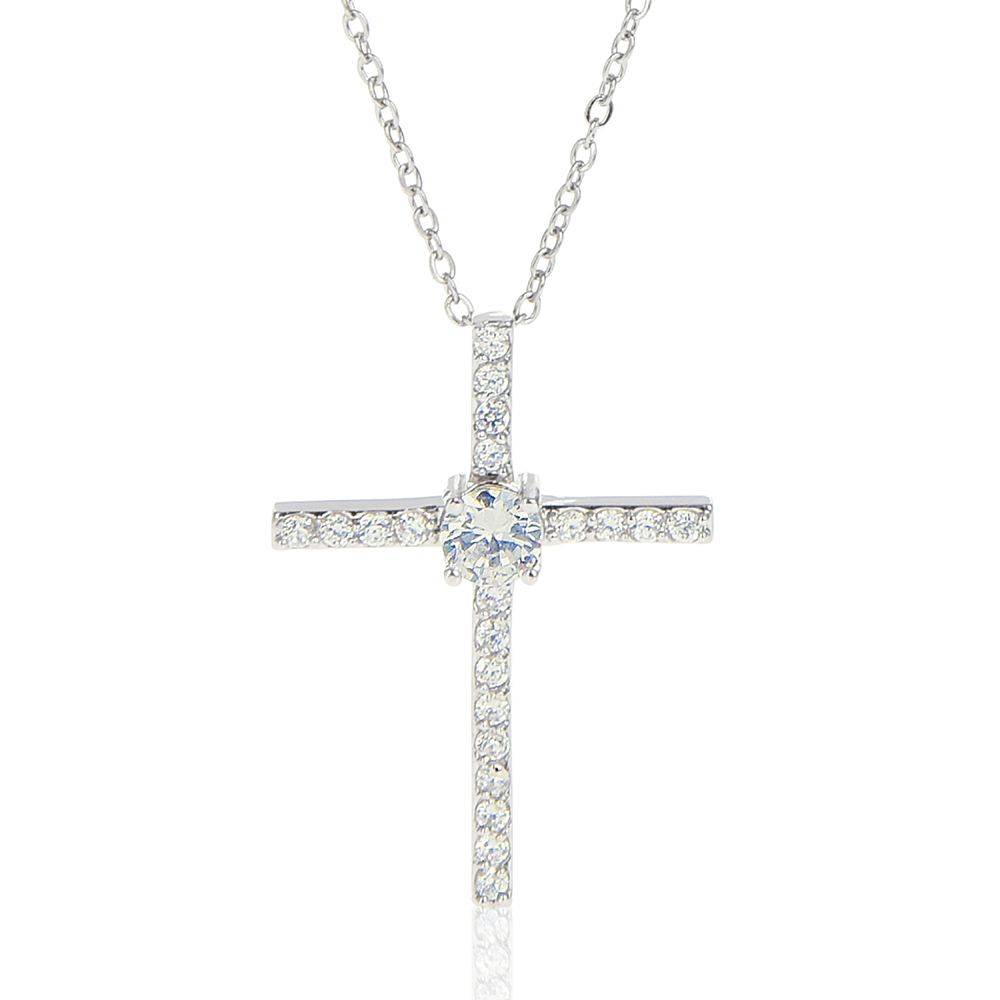 To My Beautiful Daughter - Cubic Zirconia Cross Pendant Necklace - Bible Verse Isaiah 41:10 - Blue