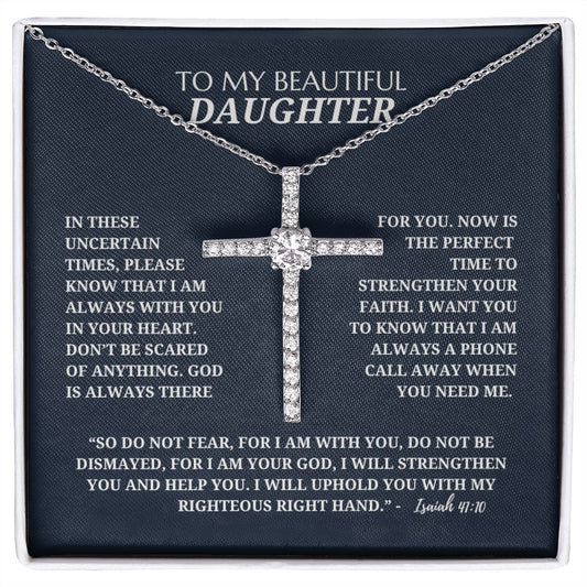 To My Beautiful Daughter - Cubic Zirconia Cross Pendant Necklace - Bible Verse Isaiah 41:10 - Blue