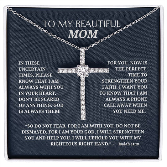 To My Beautiful Mom - Cubic Zirconia Cross Pendant Necklace - Bible Verse Isaiah 41:10 - Blue
