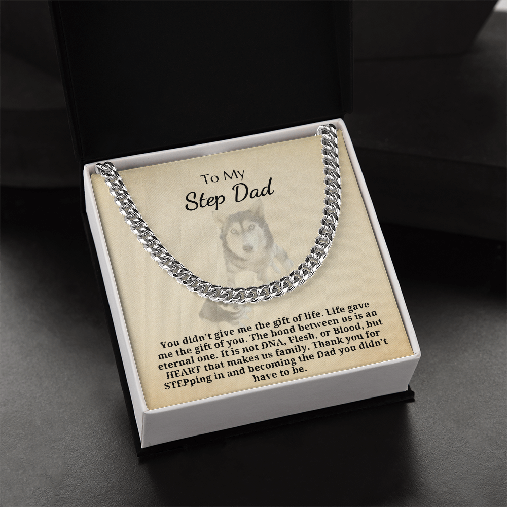 Gift for Step Dad - Cuban Link Chain - Eternal Bond Heart Makes Us Family Siberian Husky and Puppy