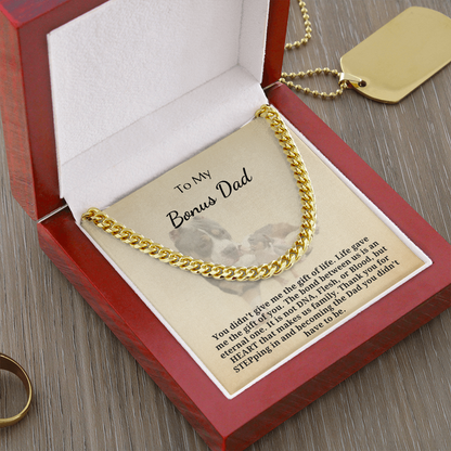 Gift for Bonus Dad - Cuban Link Chain - Eternal Bond Heart Makes Us Family Pittbull and Puppy
