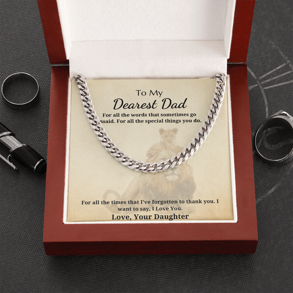 Gift for Dad - Gift from Daughter - Cuban Link Chain - To My Dearest Dad I Love You Lion and Cub