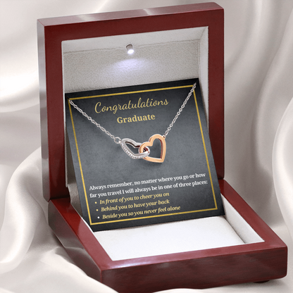Gift for A Graduate - Graduation - Interlocking Hearts Pendant Necklace - Always Remember No Matter Where You Go Or How Far You Travel I Will Always Be In One Of Three Places