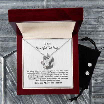To My Beautiful Cat Mom - Forever Love Pendant Necklace and Earrings - To Me, You Are The World